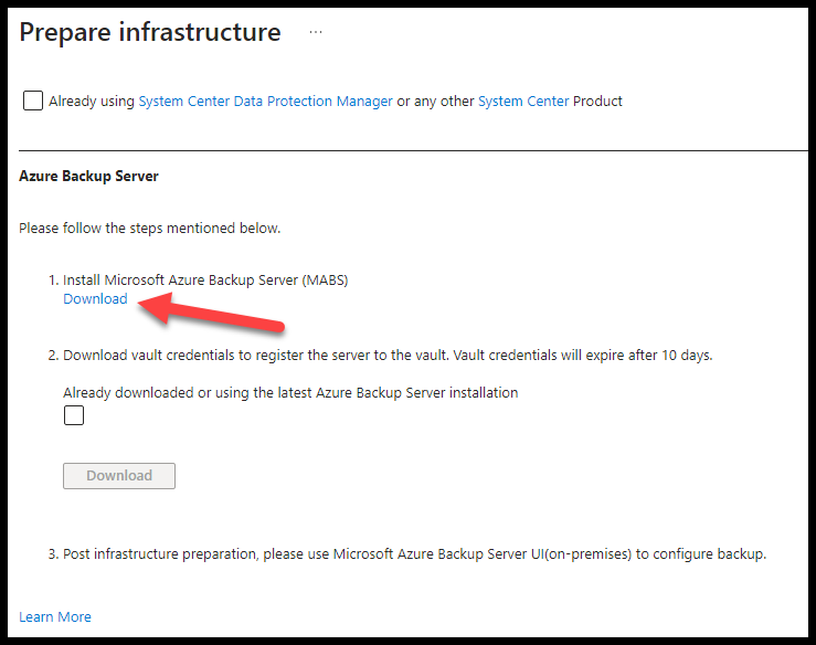 Choose to download the MABS server from the provided link