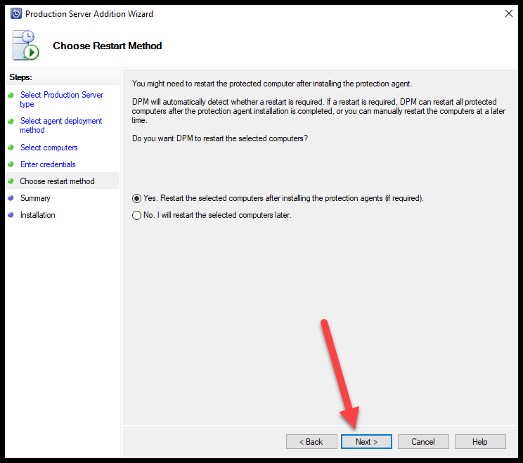 Choose to restart the protected server