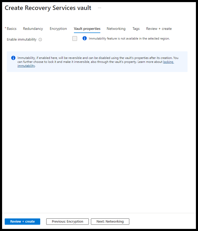 Option to enable immutability for recovery services vault