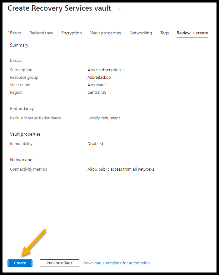review and create vault